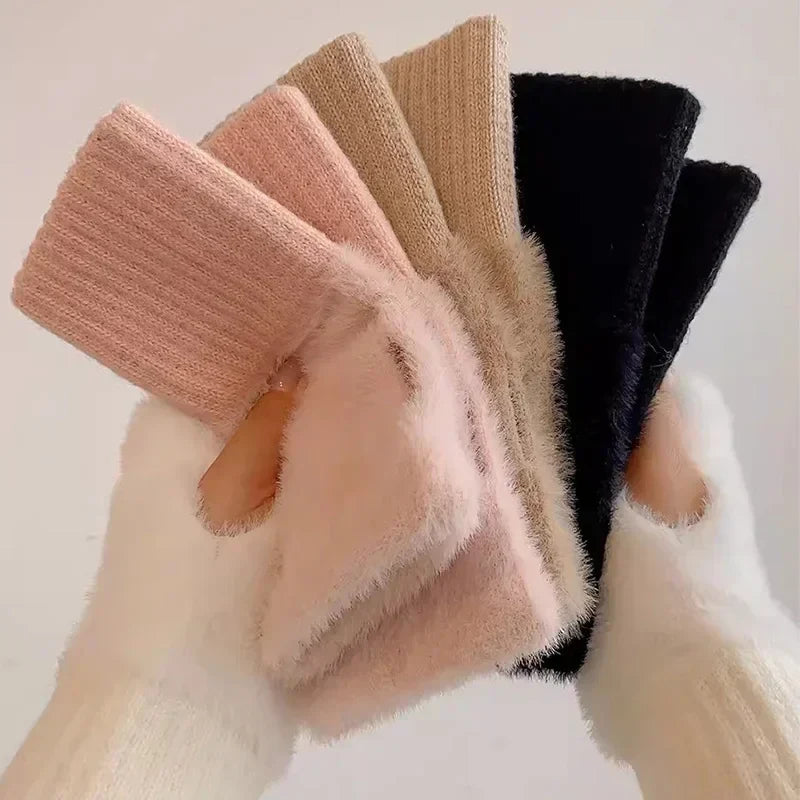 Ddbos Mink Fleece Soft Winter Half Finger Gloves Women Warm Luxury Solid White Plush Knitted Fingerless Gloves Wrist Mittens Writting