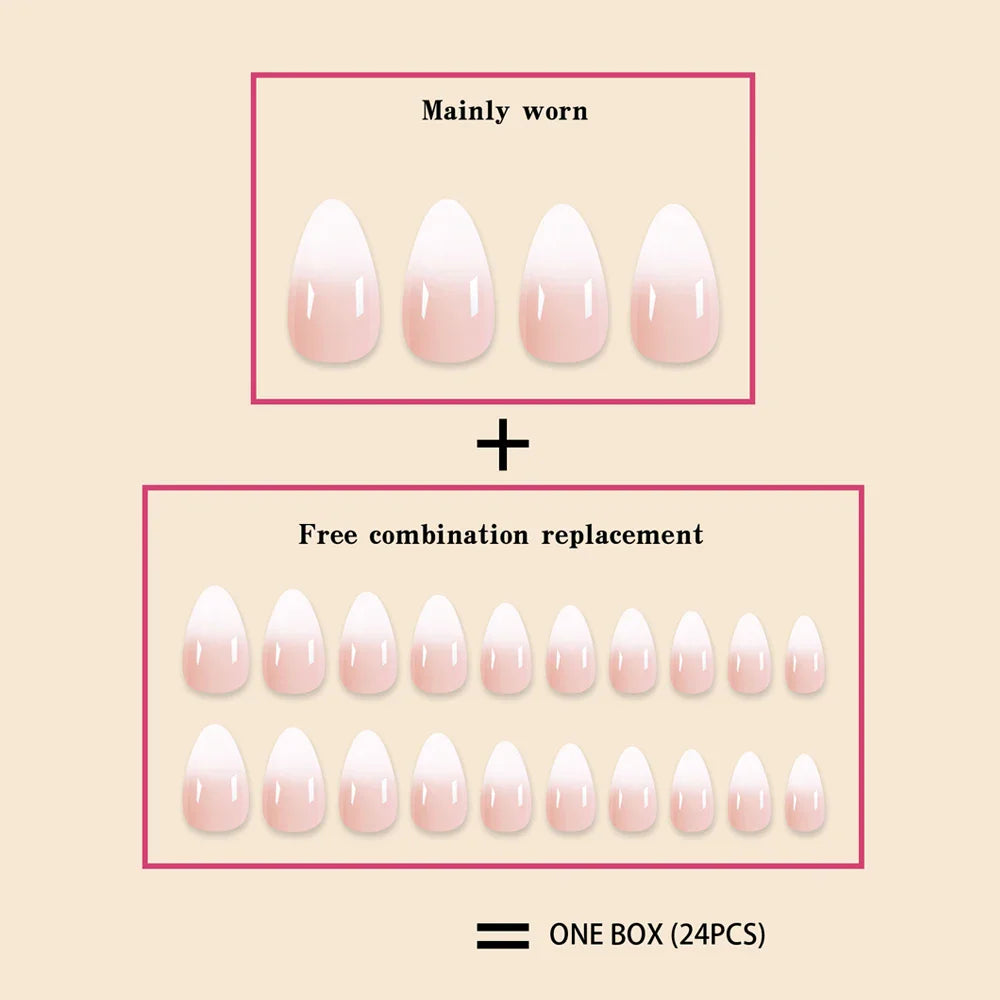 Ddbos 24Pc Short Size French Oval White Gradient Minimalist style Women Full Coverage Wearable Fake Nails Set