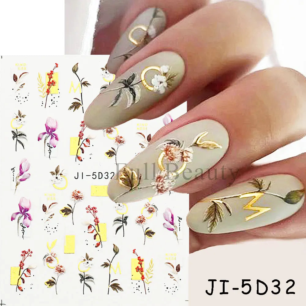 Ddbos 5D Embossed Nail Stickers Flowers Bird Geometric Lines Gold Frame Floral Nail Decals Cherry Blossom Y2K Manicure Decor