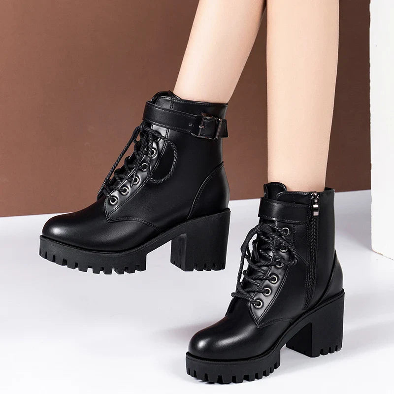 Ddbos Thick Heel Ankle Boots for Women New Black Leather PU High Heels Shoes Woman Autumn Winter Platform Motorcycle Boots Women