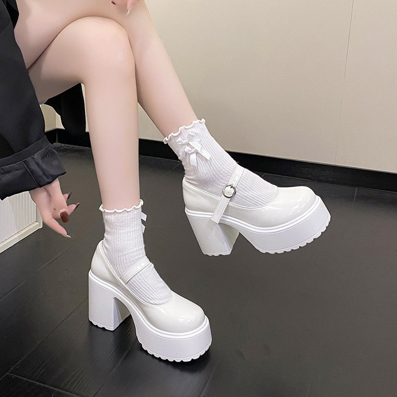 Ddbos Fashion White Platform Pumps for Women Super High Heels Buckle Strap Mary Jane Shoes Woman Goth Thick Heeled Party Shoes Ladies