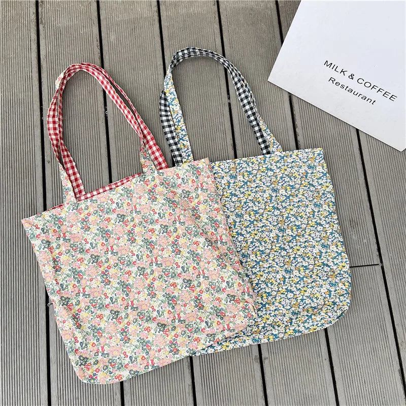 Ddbos Casual Plaid Flower Women Shopping Bag Large Capacity Ladies Daily Tote Handbags Cotton Cloth Double-sided Girls Shoulder Bags