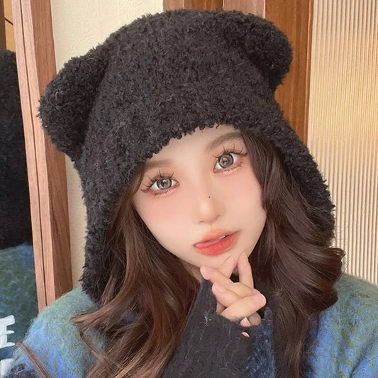 Ddbos Autumn Winter Cute Safety Bear Hats Beanies Women Keep Warm Thicken Lamb Hat Travel Pullover Caps Ladies Outdoor Windproof Cap