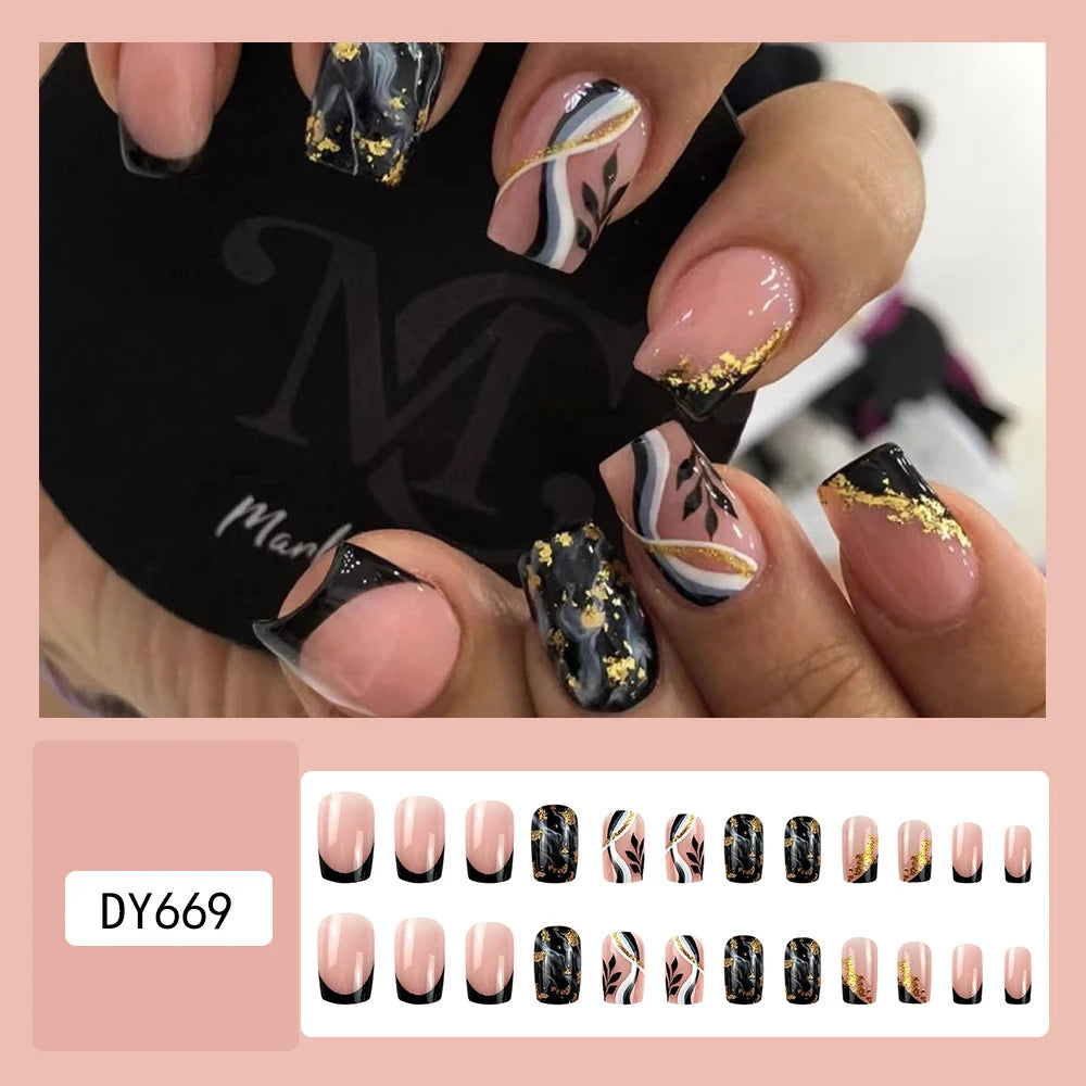 24 Pcs Glossy Medium Square Press On Nails Pink And Black French Style Glitter Fake Nails Artificial Finger Manicure False Nails