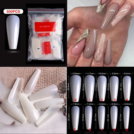 500pcs/bag Long Ballerina Nails Clear Natural Coffin False Nails Art Tips Ultra Flexible Fake Nails Full Cover Designs Manicure