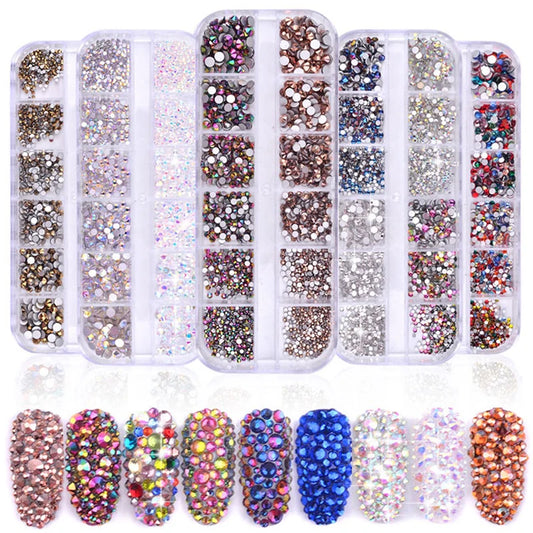 Ddbos 1 Box Multi Size Glass Nail Rhinestones Mixed Colors Flat-back AB Crystal Strass 3D Charm Gems DIY Manicure Nail Art Decorations