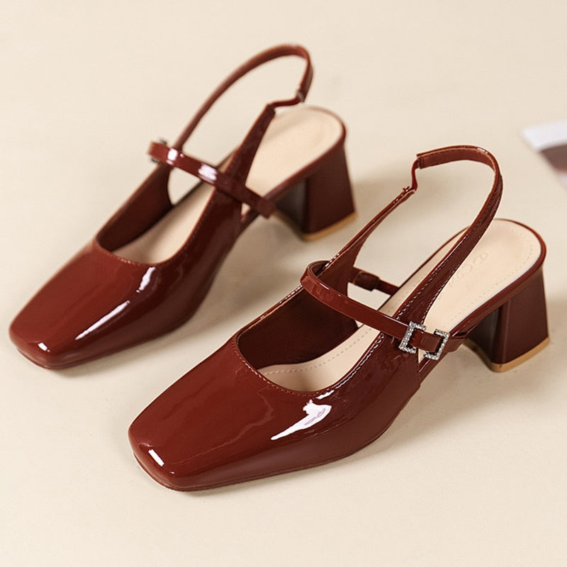 High Heels Mary Jane Sandals Women Summer Red Patent Leather Slingbacks Pumps Woman Square Toe Thick Heeled Shoes Ladies