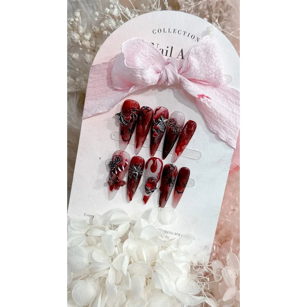 Halloween Event Handmade Wear Nails Flying on A Broomstick Nail Art Patches Blood Sacrifice Removable Fake Nails