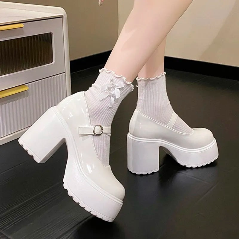 Ddbos Fashion White Platform Pumps for Women Super High Heels Buckle Strap Mary Jane Shoes Woman Goth Thick Heeled Party Shoes Ladies