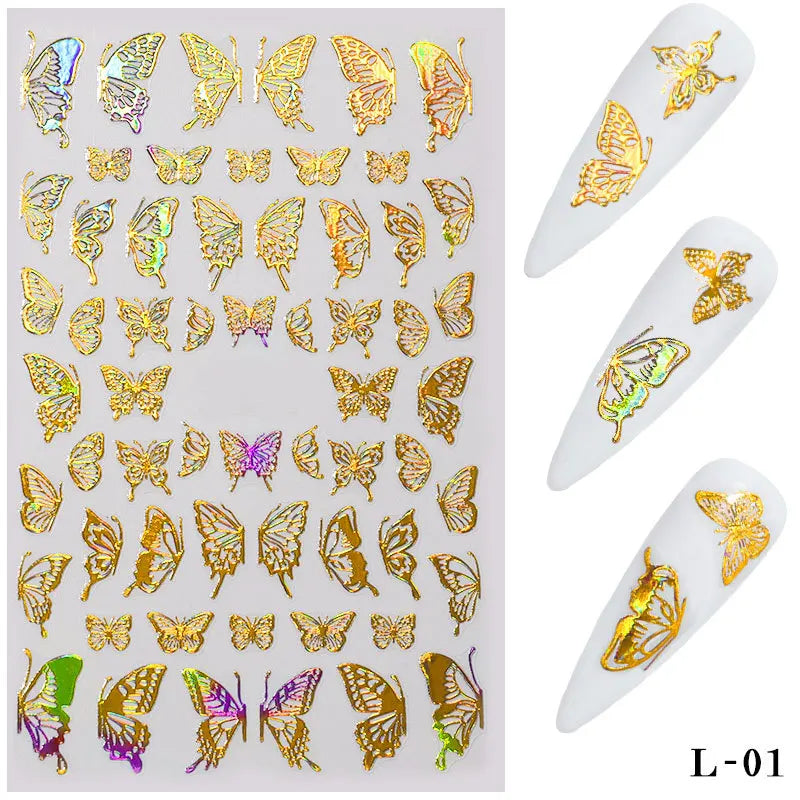 Ddbos 3D Laser Nail Stickers for Nail Art Decorations Gold Sliver Butterfly Nail Bronzing Stereoscopic Decals