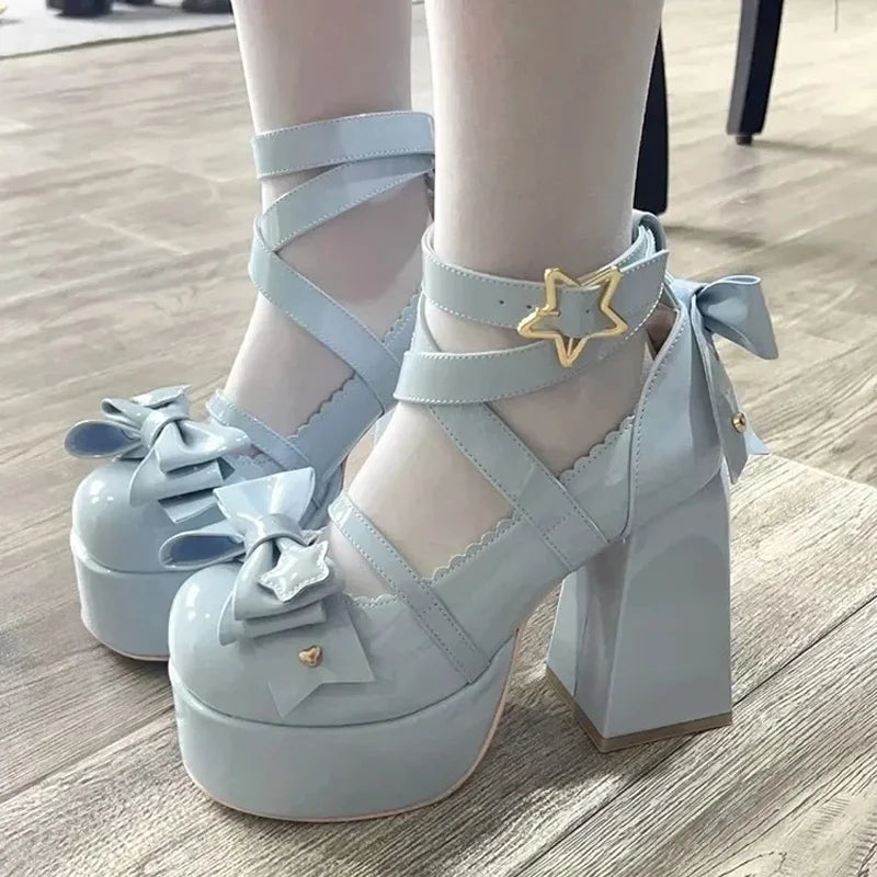 Ddbos Lolita Shoes Women Mary Janes High Heels Shoes Chunky Sandals Summer Fashion Retro Bow Party Platform Pumps