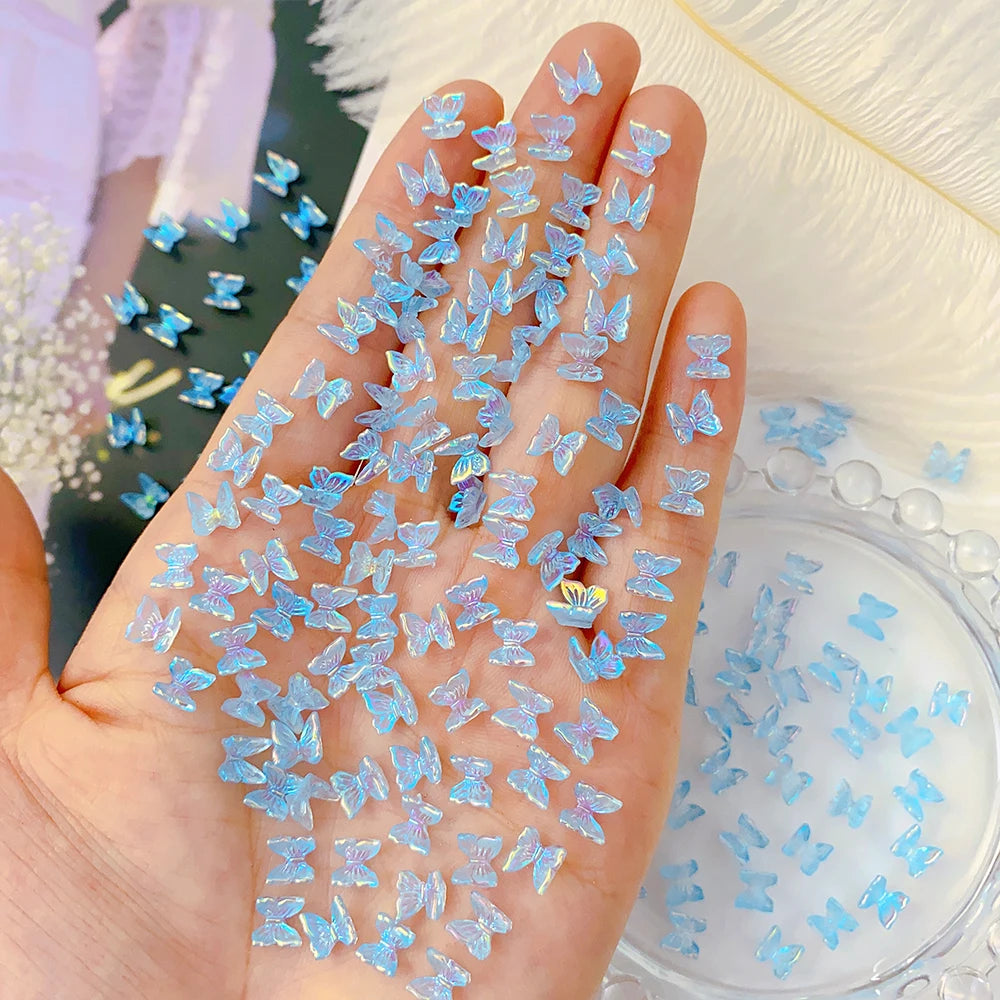 100Pcs 6mm Aurora Butterfly Nail Charms Multi-Colors 3D Butterfly Nail Art Decals Rhinestones For Manicure Nail Art Accessories