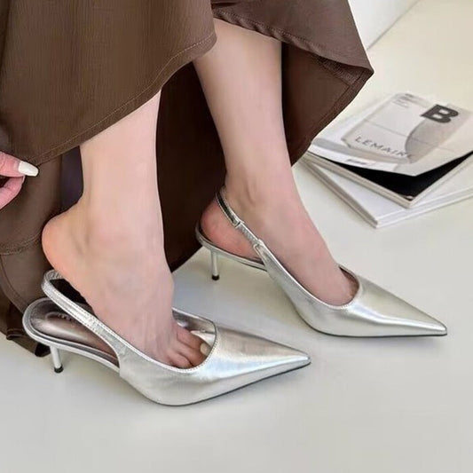 Elegant High Heels Silver Pumps Women Summer Slingbacks Pointed Toe Party Shoes Woman Solid Thin Heeled Sandals Ladies