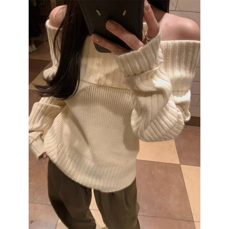 Ddbos comfy outfits winter Vintage Off Shoulder Sweater Women Solid Elegant Sexy Knitwear Long Sleeve Jumper Slash Neck Causal Harajuku Pullovers