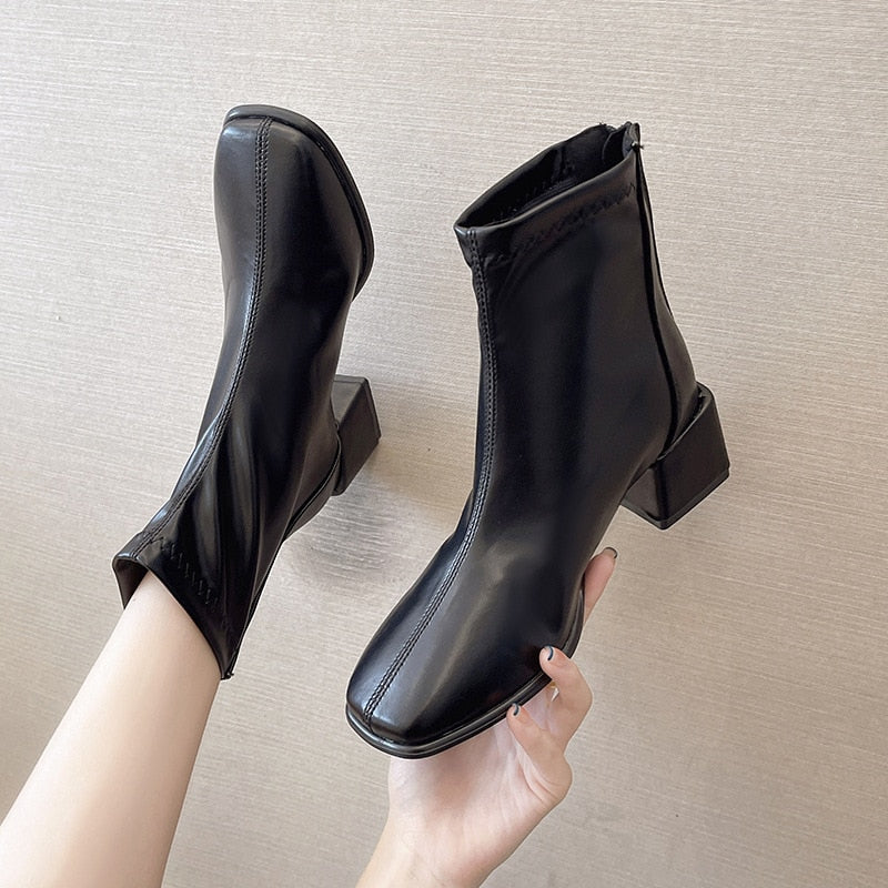 Square Toe Chunky Heel Ankle Boots for Women Square Toe Fashion Ladies Warm Winter Short Boots Zipper Square Heels Shoes