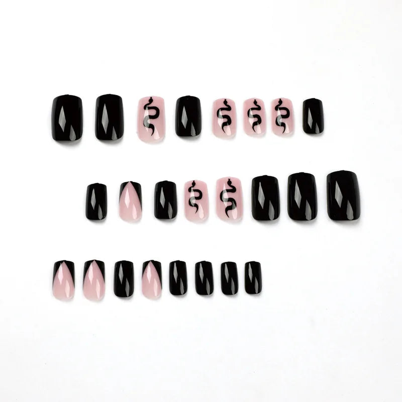 Ddbos 24pcs/set Black Reusable Adhesive Fake Nails Beveled French Snake Pattern Wearing Art False Nails Finished Fashion Press on Nail