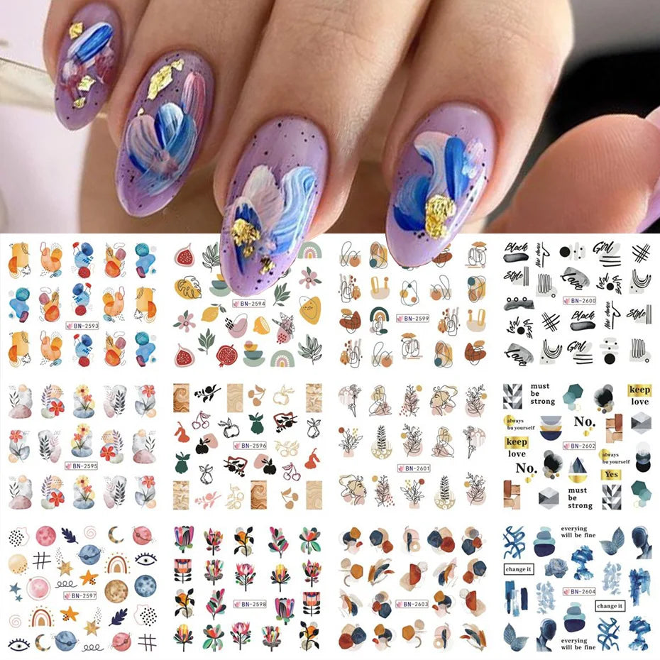 Ddbos 12 pcs Nail Sticker Set Summer Water Decal Nail Art Ink Flowers Leaves Graffiti Slider for Nail Decoration Foils Tattoo