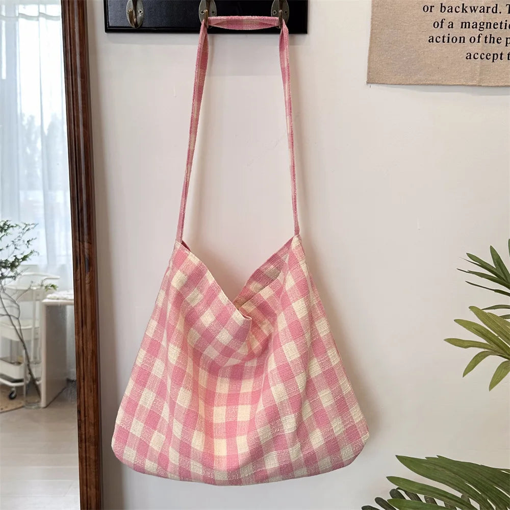 Retro Plaid Women's Canvas Shoulder Bag Casual College Girls Book Tote Travel Messenger Bags Female Eco Shopping Bag Handbags