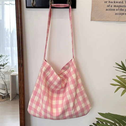 Retro Plaid Women's Canvas Shoulder Bag Casual College Girls Book Tote Travel Messenger Bags Female Eco Shopping Bag Handbags