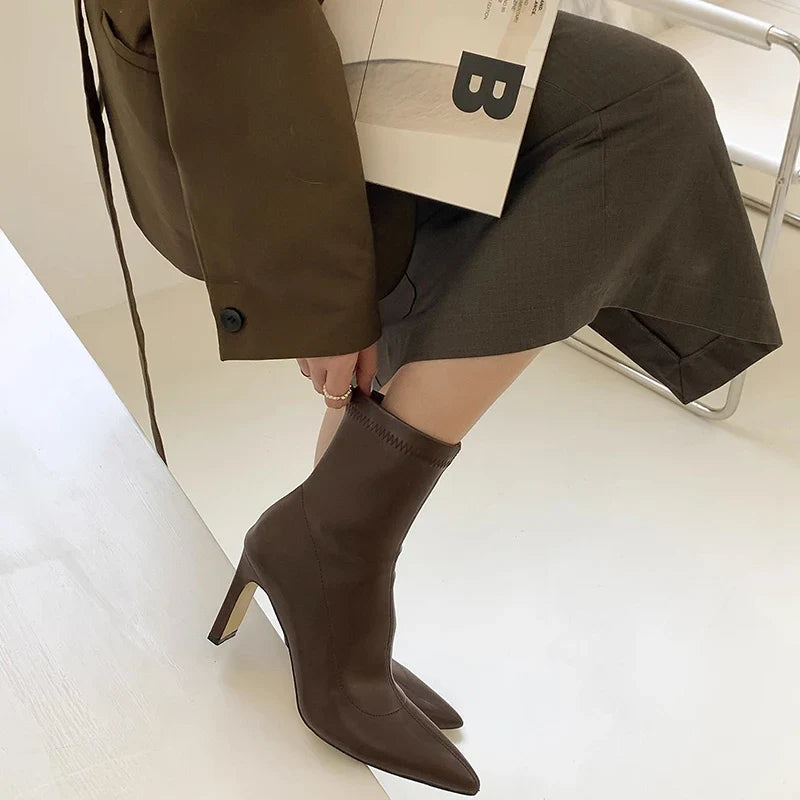 Ddbos High Heel Women Slim Ankle Boots Fashion Elegant Pointed Toe Short Booties Spring Autumn Laides Street Style Shoes