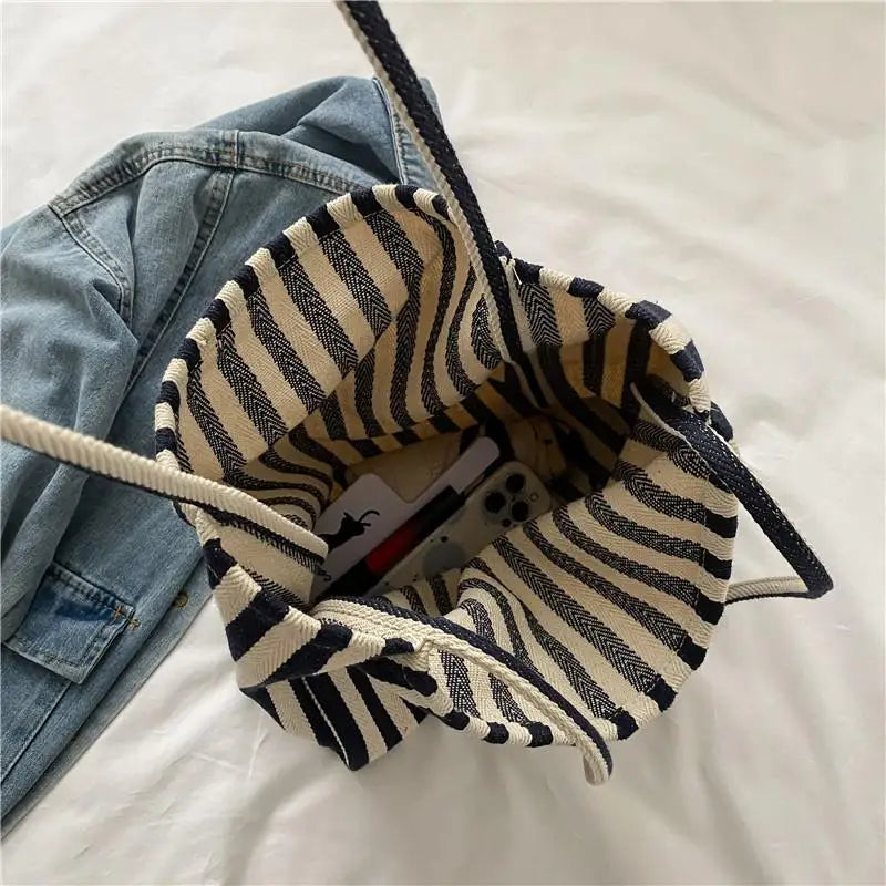 Ddbos BACK TO SCHOOL Korean Version Of Retro Literary Handbag Simple Fresh Striped Shoulder Bag Fashion Large Capacity Shopping Bag