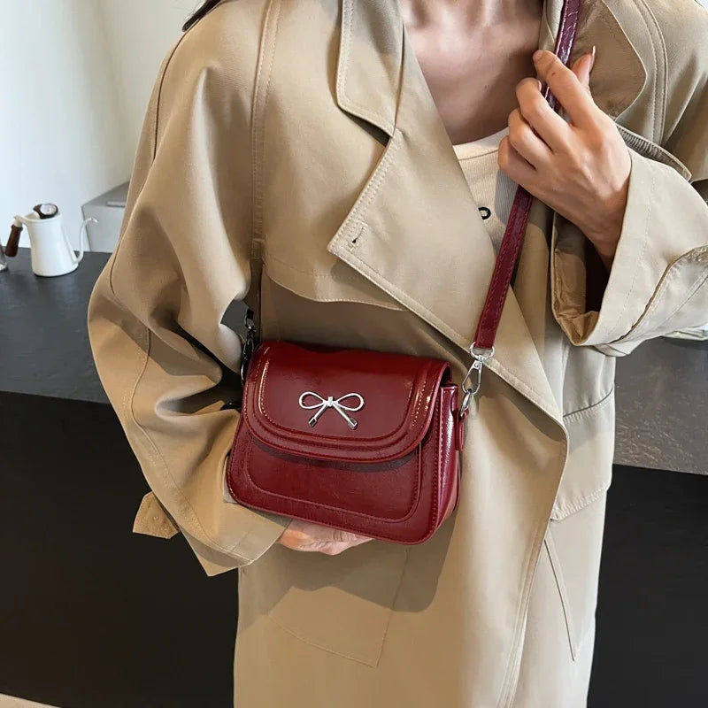 Ddbos 2024 Retro Small Flap Bag Women Korean Fashion Handbags and Purses Bow Design Shoulder Bag PU Leather Crossbody Bag