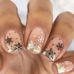 Ddbos Christmas Stiletto Fake Nails for Women Girls Golden Snowflakes Designs French Press on Nails Wearable Full Cover False Nails