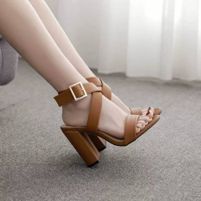 Ddbos Large Size Women's Shoes Sexy Cross Strap One Line Buckle Chunky Heels All-match Open Toe Roman Sandals Comfortable  Heels Women