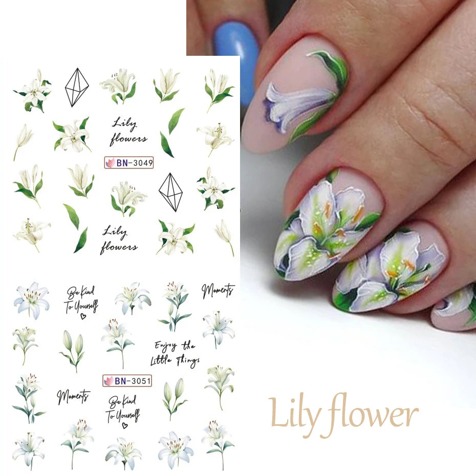 Ddbos 12 Designs Lily Flowers Nail Stickers White Flower Green Leaf Geometric Line Sliders Spring Floral Water Transfer Decals Slider