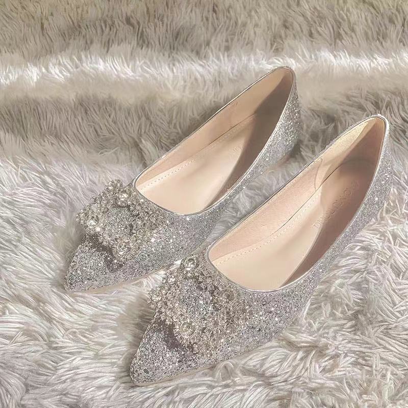 Ddbos Silver Mixed Color Flats Wedding Shoes Women Shine Slip On Ballerina Shallow Loafers Elegant Bridesmaid Ballet Shoes Plus Size42