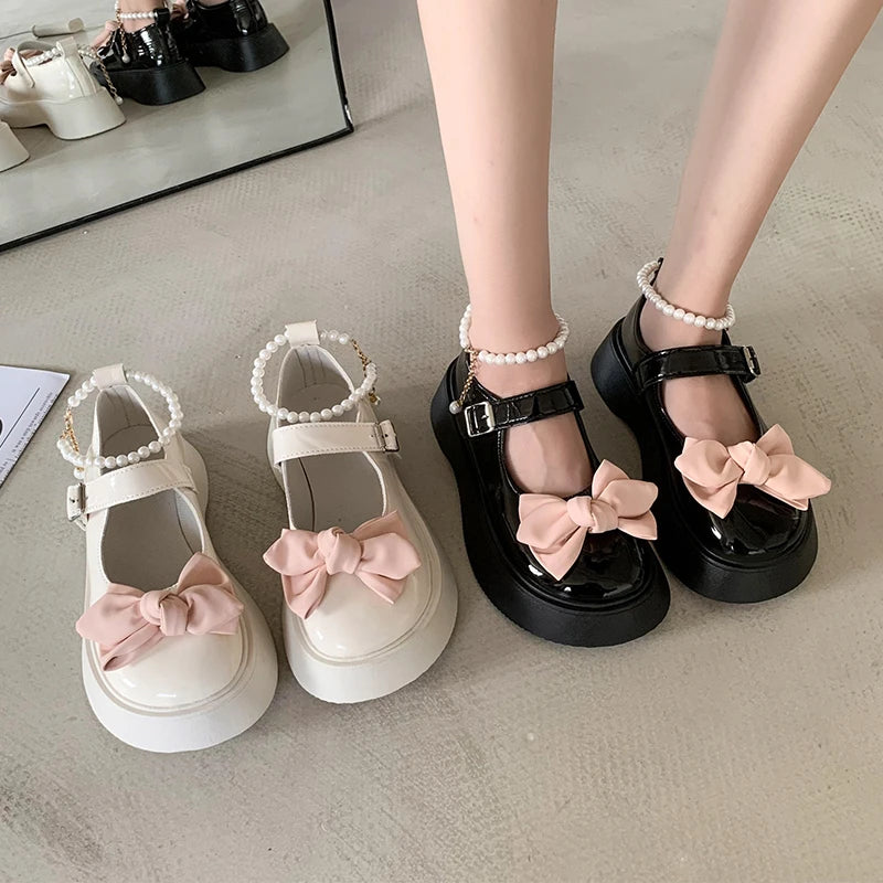 Ddbos Spring and Autumn Fashion New Beaded Round Toe Solid Color Casual and Comfortable Women's Banquet Bow Thick-soled Shoes