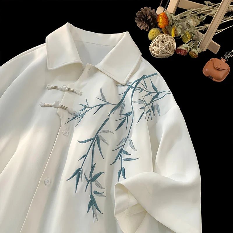 Ddbos Men's Short Sleeve Embroidery Shirt Asian Style Trend White Black Shirts Summer Casual Button Down Blouses