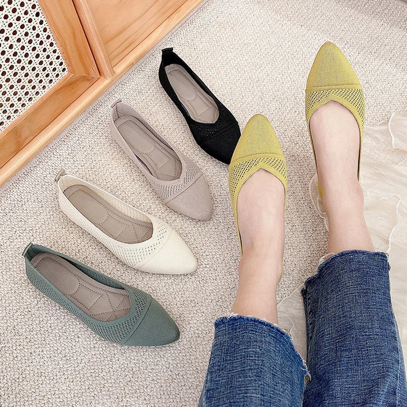 Ddbos Stretch Knit Ballet Flats Women Loafers Spring Breathable Mesh Flat Shoes Ballerina Moccasins Casual Pointed Toe Boat Shoes