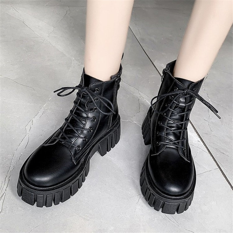 Ddbos New Women White Ankle Boots PU Leather Thick Sole Lace Up Combat Booties Female Autumn Winter Platform Shoes Woman