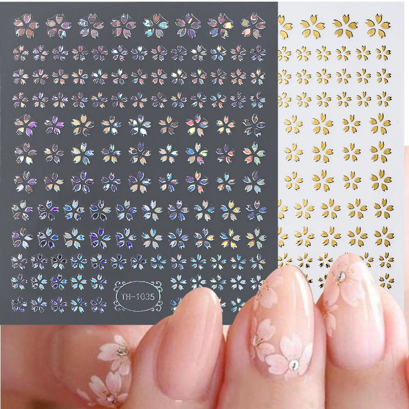 Ddbos 3D Laser Sakura Flower Nail Sticker Aurora Decals Glitter Star Butterfly Floral Adhesive Sliders Cherry Blooming Manicure