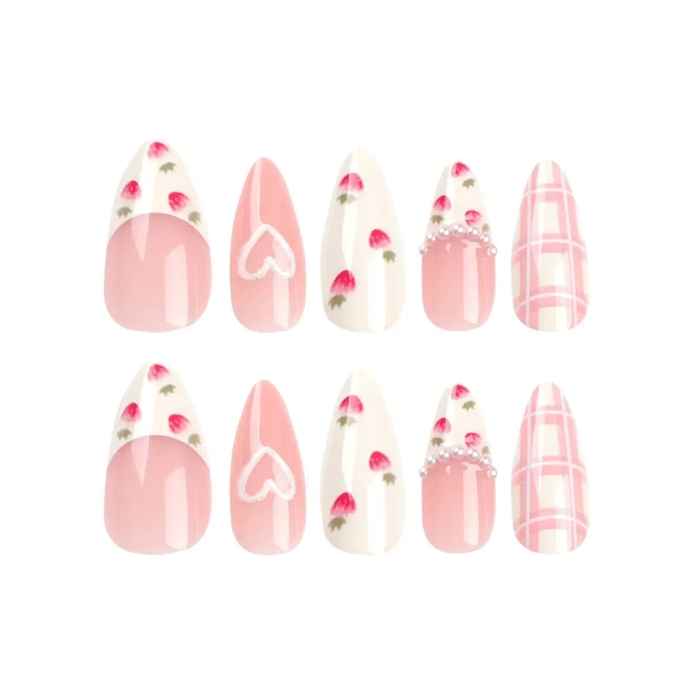 24PCS Sweet Strawberry Press on Nails French Pearl Design Almond False Nails Girl Gifts Detchable Full Cover Fake Nail Patches