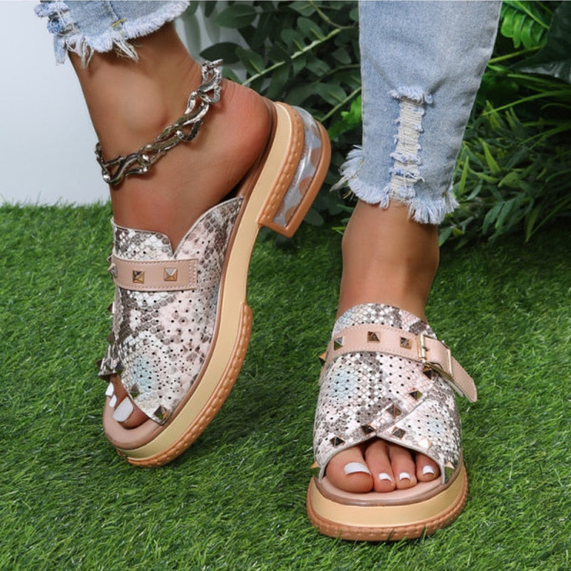 Ddbos New Sandals Women Shoes Snake Print Classic Casual Vacation Daily Open Toe Rivets Monk Buckle Comfortable Sandals Plus size 43