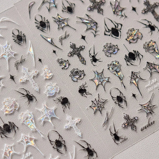 High Quality Black And White Sparkling Shell Light Spider Web Rose Nail Stickers Nail Art Decal Design Manicure Tool MS-468