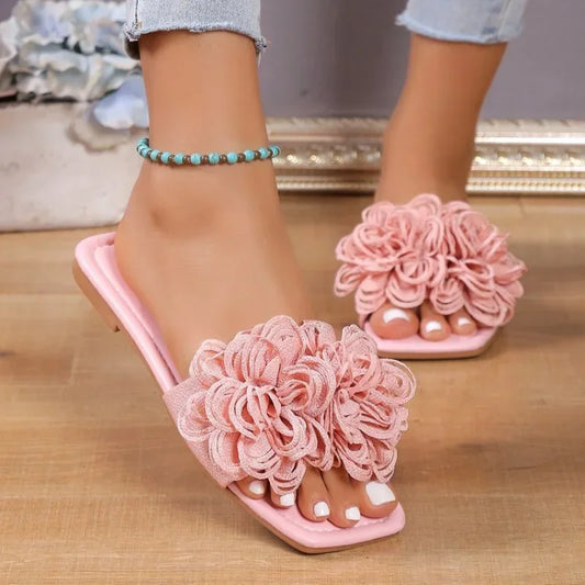 Ddbos Women Flower Flat Slippers Casual Walking Shoes Female  Summer Fashion Dress Sandals Outdoor Pink Shallow Zapatillas Mujer