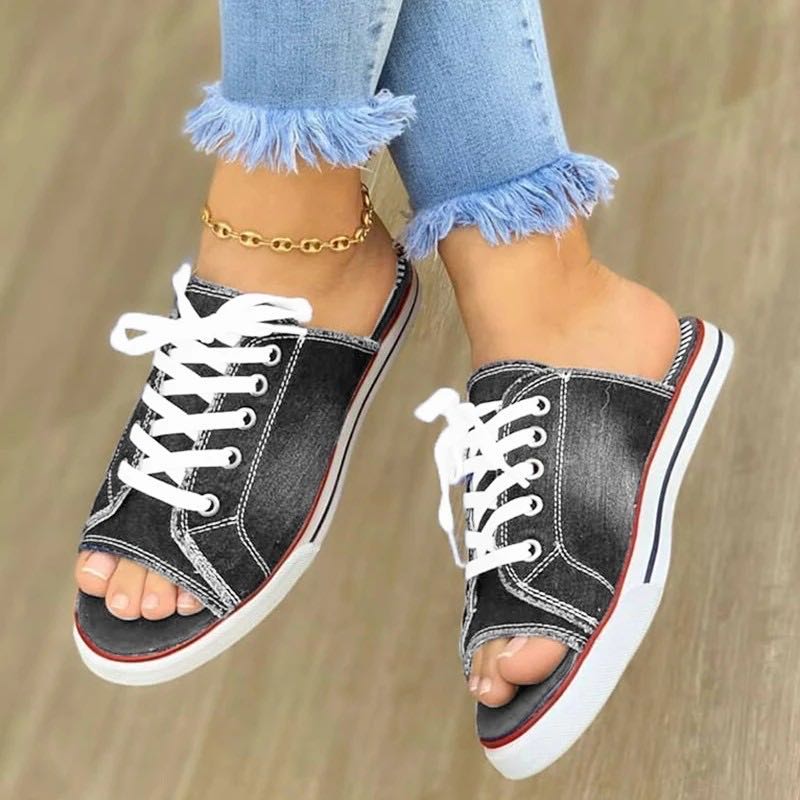 Ddbos Fashion Canvas Slippers Lace Up Open Teen Dames Faux Denim  Luxury Sandals Women Designers  Womens Shoes