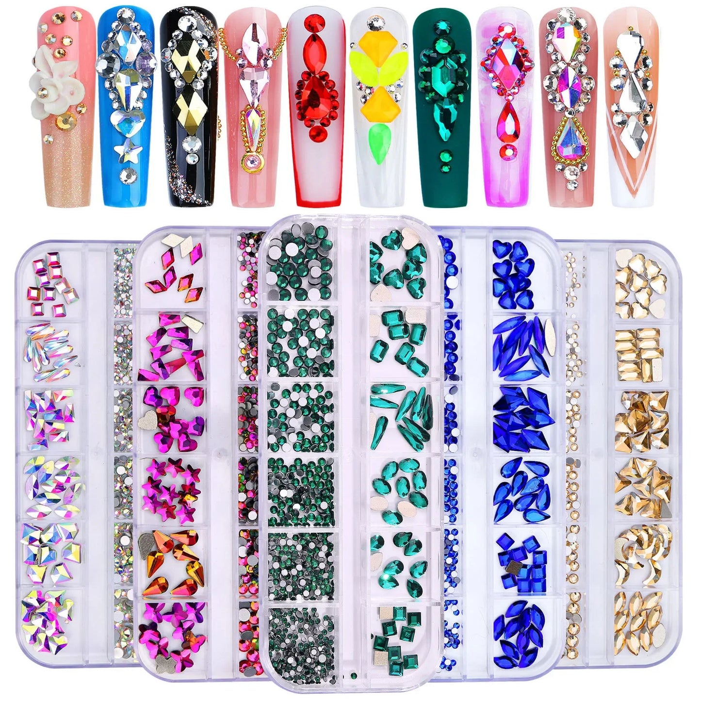 12Gird/Box Colorful Multi Shapes Hotfix Flatback Glass Diamonds 3D DIY Glitter Nail Art Rhinestones Luxurious Decorations