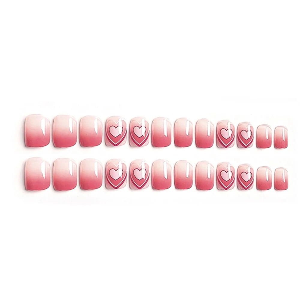 24pcs Love Peach Heart Fake Nail Tips Gradient Pink Sweet Girl False Nails Korean Simple Short Press on Nail