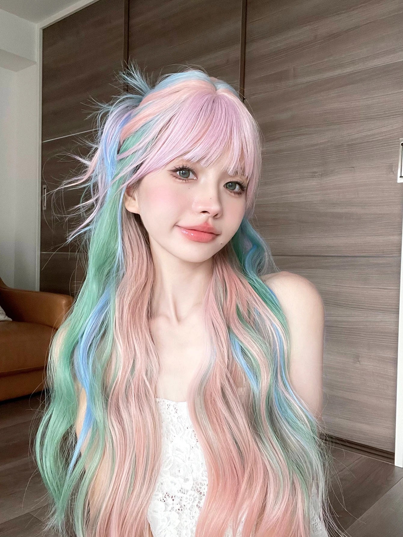 Ddbos 28Inch Iridescent Rainbow Color Multicolour Synthetic Wigs with Bang Long Natural Wavy Hair Wig for Women Cosplay Heat Resistant