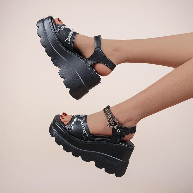 Ddbos Punk Goth Platform Sandals Women Summer Y2K Heart Buckle Wedges Sandals Women Plus Size 43 Thick Bottom Black Lolita Shoes