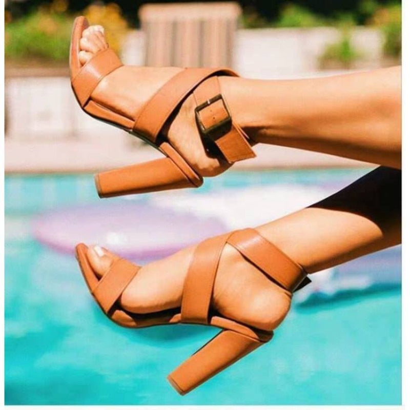 Ddbos Large Size Women's Shoes Sexy Cross Strap One Line Buckle Chunky Heels All-match Open Toe Roman Sandals Comfortable  Heels Women