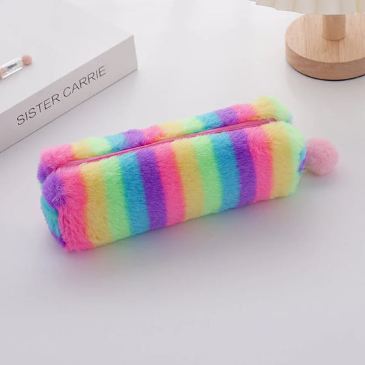 Rainbow Pencil Case Plush Estuches Escolares Pencilcase Gradient Color Large Capacity Kalemlik School Supplies Pencil Pouch