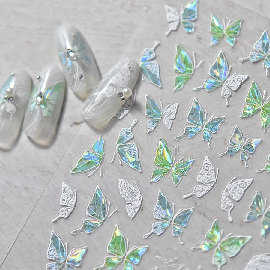 Pink & Green Shining Aurora Shell Butterfly Nail Stickers 3D Nail Art Design Decoration Decals DIY Manicure High Quality