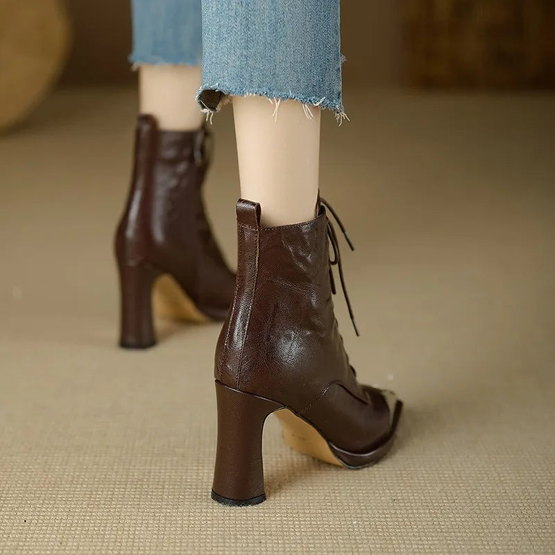 Ddbos 2024 Autumn Women Boots Square Toe High Heel Women Leather Shoes Women Suede Ankle Boots Winter Solid Elegant Modern Boots