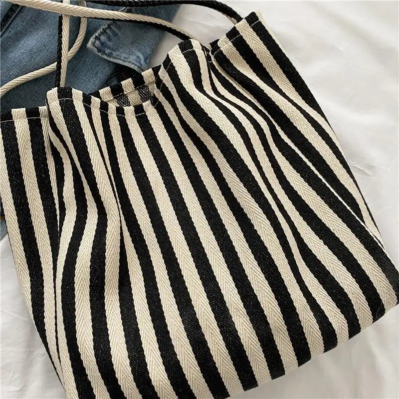 Ddbos BACK TO SCHOOL Korean Version Of Retro Literary Handbag Simple Fresh Striped Shoulder Bag Fashion Large Capacity Shopping Bag