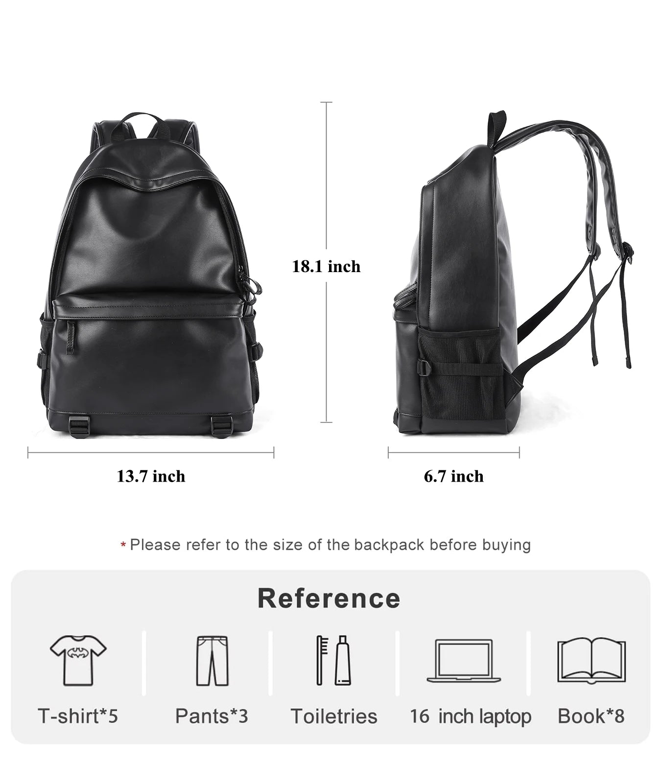 Ddbos BACK TO SCHOOL Black Leather Backpack for Men Business Travel Waterproof Daypack PU 16 inch Laptop Backpack